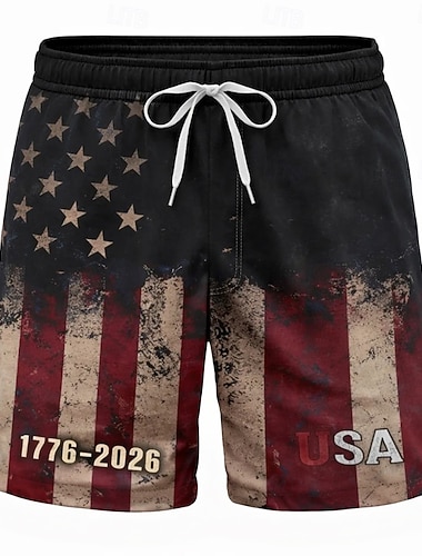  Herren 250. Jahrestag des Unabhängigkeitstages der USA am 4. Juli US Flagge 1776 Badehosen Badeshorts Boardshorts Mittlere Taille Patriotisch Ferien Seitentaschen Netzfutter Elastischer Kordelzug in