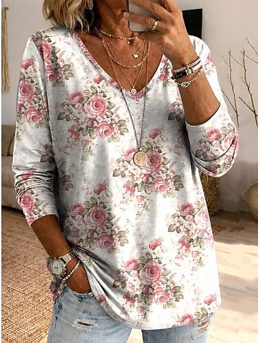  Dámské Tričko Tisk Květinový Grafika Rostliny Vinobraní stylové Klasické Dlouhý rukáv Do V Dlouhé topy Denní Vodní modrá Bílá Světle fialová Trávová zelená Léto Jaro