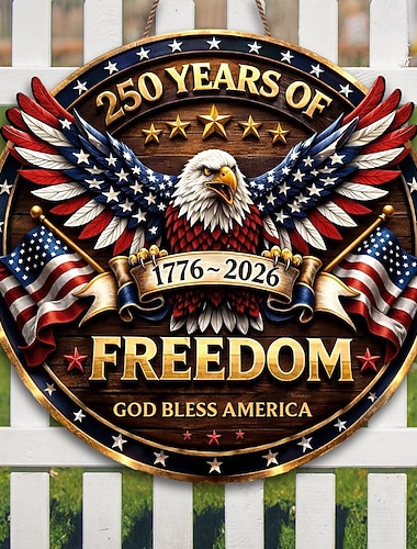  Cartello in legno per il 250° anniversario degli Stati Uniti, decorazione patriottica da appendere alla porta, "Dio benedica l'America", decorazione per il giorno dell'indipendenza con aquila, campana della libertà e statua della libertà, 1776-2026, decor