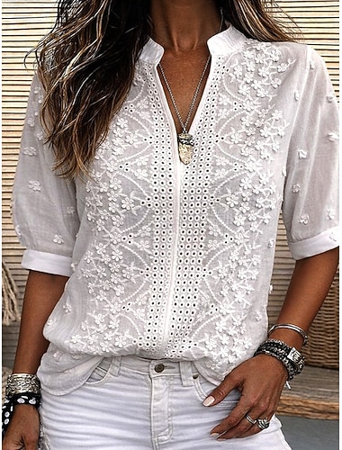  Damen Bluse Spitze Lochmuster Einfarbig Stilvoll Lässig Halbarm V Ausschnitt Normale Oberteile Täglich Weiß Sommer Frühling