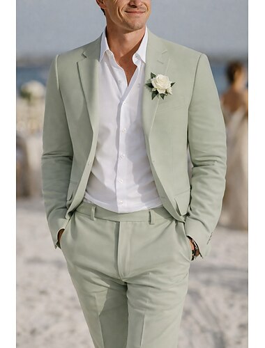  Heren Linnen pakken Strand bruiloft Wit Hemelsblauw Lente zomer Pak Ingesneden revers Formeel Effen Strak 2-delige set Enkele rij knopen met twee knopen