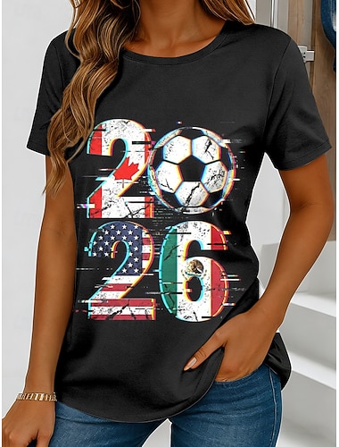  Världens fotbollsmatch 2026 Dam T-shirt Tryck Grafisk Stilig Klassisk Avslappnad Kortärmad Rundhals Regular Tops Dagliga Sporter Svart Vit Röd Sommar Vår