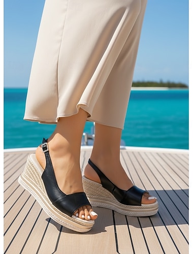  Sandales compensées espadrilles noires pour femmes - élégantes sandales à plateforme et bride arrière avec bout ouvert &Sangle à boucle pour les croisières, les voyages sous les tropiques &vêtements