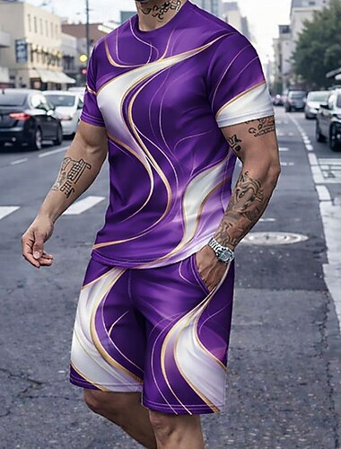  Herre Geometrisk Linje 2stk T-skjorter sett Sommertopper Kortermet Korte bukser Crew-hals Sport Fritid Daglig Feriereise Sport & Utendørs 3D-utskrift Sommer Svart Lilla Grønn