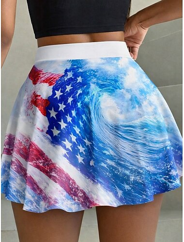  Patriottische rok voor Onafhankelijkheidsdag, vakantierok voor dames, tennisrok, modieuze Hawaïaanse strandkleding, badpakbroekjes, minirokjes met hoge taille, grafische print, rekbaar, dagelijks