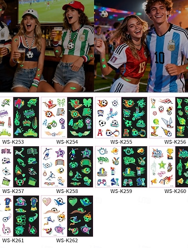  10 tatuaggi temporanei a tema calcio che si illuminano al buio, verde neon reattivi, impermeabili &vernice per il corpo facile da rimuovere, con giocatori, trofei, disegni di fiamme, perfetti regalini