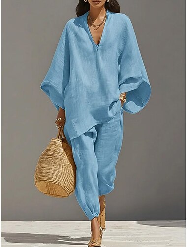  Dames Katoenen linnen sets Lange mouw Bel V-hals Effen Kleur Bohemen Vakantie Modieus Casual Dagelijks blauw Donker Grijs Bruin Lente zomer