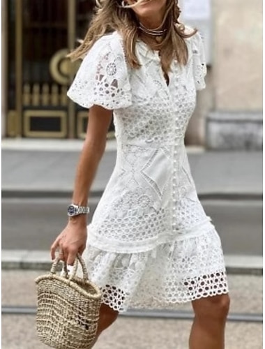  Damen Knielanges Kleid Spitzenkleid Weißes Kleid Freizeitkleid Elegant Mode Modern Outdoor Urlaub Ausgehen Normale Passform Einfach Kurzarm V Ausschnitt Weiß Sommer Frühling