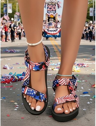  Damessandalen in zwart/rood ter ere van het 250-jarig jubileum van de VS - comfortabele patriottische sandalen met bandjes en sterren- en strependesign, perfect voor het strand, parades en de viering