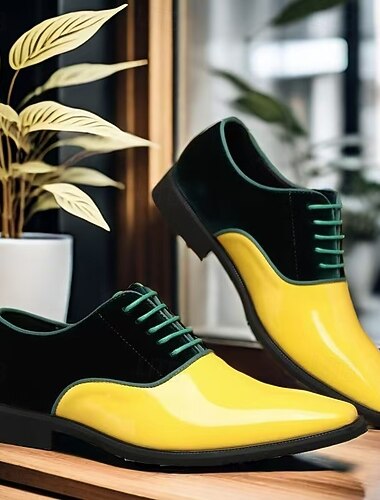  Herenschoenen met geelgroene kleurblokken – stijlvolle veterschoenen voor formele gelegenheden zoals bruiloften, feesten en mode-evenementen.
