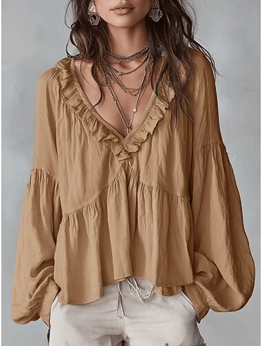  Damen Hemd Einfarbig Einfach Elegant Bohemien Aktiv Langarm V Ausschnitt Normale Oberteile Täglich Streetwear Party Weiß Hellgrün Wein Khaki Leicht Blau Sommer Frühling