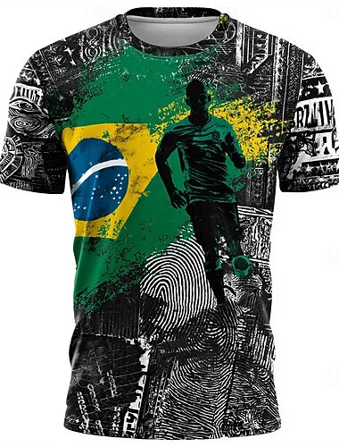  Coppa del calcio 2026, maglietta da uomo con bandiera del Brasile, grafica a schizzi, silhouette di calciatore, stampa integrale, girocollo, streetwear, abbigliamento per tifosi della nazionale,