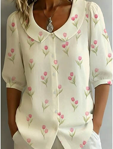  Dames Overhemd Bloemig Grafisch Elegant Bohemen Vakantie V-hals Lange tops Dagelijks Feestdagen Uitgaan blauw Wit en Blauw Wit Beige Zomer Lente