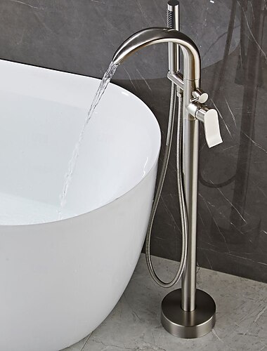  360° drehbare, freistehende Badewannenarmatur, freistehende Badewannenarmatur mit Brause, bodenstehende Badewannenarmatur, Badewannenfüller mit Handbrause, Badezimmerarmaturen-Set aus gebürstetem Messing-Nickel