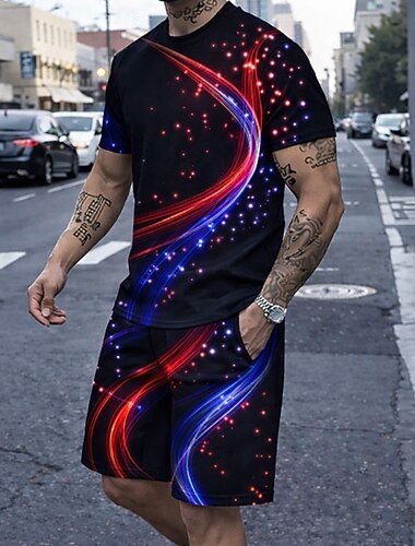  Herre Geometrisk Linje 2stk T-skjorter sett Sommertopper Kortermet Korte bukser Crew-hals Gate stil Avslappet Daglig Feriereise 3D-utskrift Sommer Svart Rød Lilla