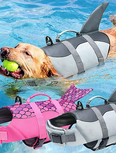  giubbotto di salvataggio di sicurezza per cani squalo, giubbotto di salvataggio per cani sirena per il nuoto con galleggiabilità superiore e maniglie di salvataggio per piscina, spiaggia, barca