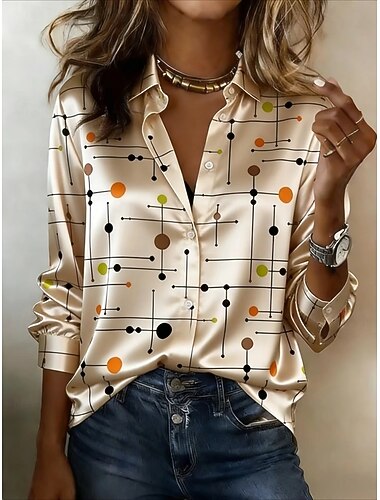  Giorno dell'Indipendenza Americana Per donna Camicia Grafico Geometrico Blocco di colori Vintage Elegante Moderno Manica Lunga Colletto a Camicia Top lunghi Quotidiano Ferie Bianco e Rosso Cachi