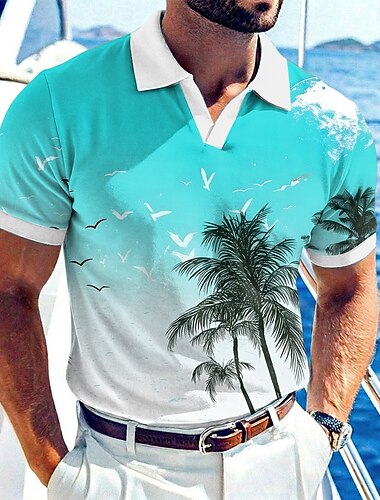  رجالي شجرة النخيل قمصان بولو هاواي كم قصير قمصان البولو V رقبة كاجوال ملجأ ملابس الرياضة مناسب للبس اليومي ملابس العطلة تبريد للربيع والصيف الصيف أزرق أصفر أزرق سماوي