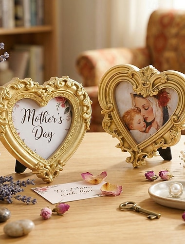  Goldener Vintage-Herzrahmen aus Kunstharz zum Muttertag, handbemalt, Tischfoto-Display, Heimdekoration, Party &Festivalrequisiten, Geschenke für Mama, Fotoausstellung