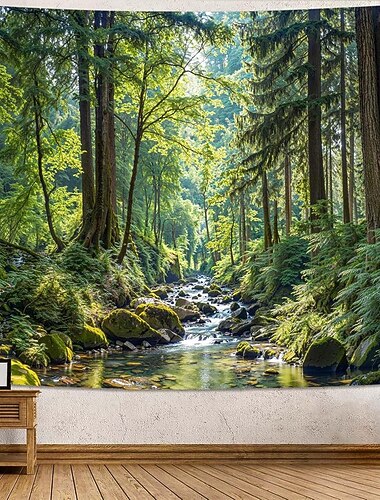  Üppig grüner Waldbach, Naturlandschaft, Wandteppich, Sonnenstrahlen, Waldfluss, moosbewachsene Felsen, Wandbehang, Heimdekoration, Wohnzimmer, Schlafzimmer, Büro, Hintergrund, Kunstwandbild