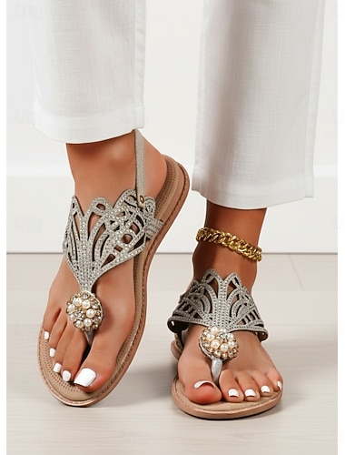  Dames bohemian beige sandalen - sprankelende strass T-band wandelschoenen met comfortabele elastische hielband voor buitenvakanties en strandresorts. &zomervakantie
