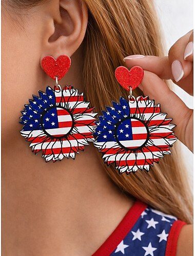  女性用アクリル製愛国的なぶら下がりピアス、ひまわり、星、ハートのアメリカ国旗をモチーフにしたマルチスタイルピアス。アメリカ建国250周年、独立記念日、カジュアルウェア、旅行、休暇のスタイリングに最適。