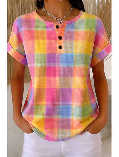  Damen Waffel T-Shirt Farbblockdruck Grafik Geometrisch Vintage Stilvoll Klassisch Kurze Ärmel Rundhals Reguläre Tops Täglich Lila Orange Sommer Frühling