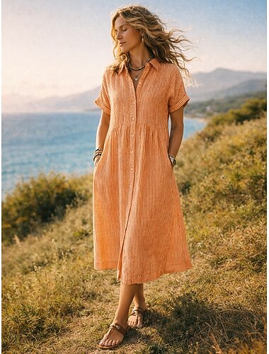  abito midi da donna, abiti in finto lino, abito chemisier, abito casual, abito a trapezio, moda, moderno, quotidiano, vacanza, uscite, vestibilità ampia, a righe, manica corta, colletto, arancione,