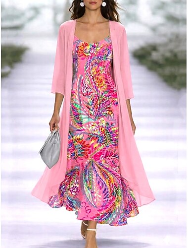  Damen Kleid-Set A Linie Kleid Elegant Urlaub Blumen Grafik Geschichtet Druck Maxikleid Dreiviertelarm V Ausschnitt Täglich Urlaub Rosa Purpur Sommer Frühling Normale Passform