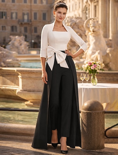  Buksedrakt Ankellengde Kjole til brudens mor 3/4 ermer Firkantet hals Elegant Fest Formell Bryllupsgjest Stretchstoff med Sløyfe(r) Fargeblokk