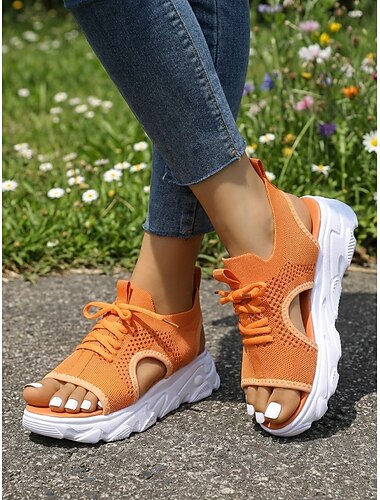  حذاء رياضي نسائي برتقالي اللون مفتوح من الأمام مصنوع من نسيج محبوك - حذاء رياضي ذو نعل سميك يسمح بالتهوية، مناسب للارتداء اليومي، والمشي، والأنشطة الخارجية