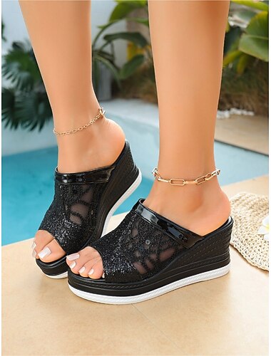  Elegante svarte kile-sandaler med paljettmønster til dame – komfortable, hule platåsandaler for luksushotell ved bassengkanten og kveldsferieanlegg &tropiske ferier