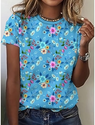  Damen T Shirt Druck Blumen Grafik Pflanzen Stilvoll Klassisch Lässig Kurzarm Rundhalsausschnitt Normale Oberteile Täglich Blau Weiß Gelb Rosa Purpur Sommer Frühling
