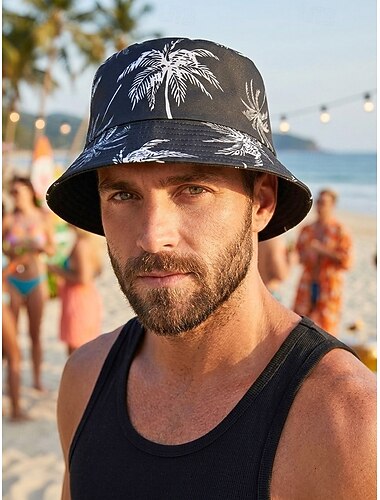  Omkeerbare polyester bucket hat voor heren, zonnehoed met veelkleurige palmbomenprint, casual tropische strand- en visserspet voor dagelijks gebruik, reizen, vakanties en resorts.