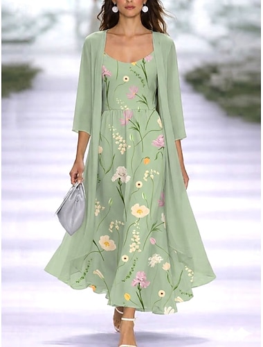  Damen Kleid-Set A Linie Kleid Elegant Urlaub Blumen Grafik Geschichtet Druck Midikleid Dreiviertelarm V Ausschnitt Täglich Party Hellgrün Violett Dunkelblau Sommer Frühling Normale Passform