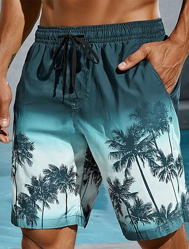  Herren Kokospalme Farbverlauf Tropische Pflanzen Badehosen Badeshorts Boardshorts Mittlere Taille Hawaiianisch Strandurlaub Seitentaschen Netzfutter Elastischer Kordelzug in der Taille Designer