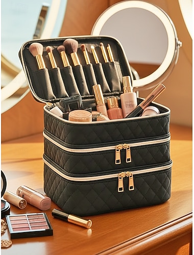  Gesteppter Make-up-Organizer aus Polyester für Damen, mehrfarbig, großes Fassungsvermögen mit mehreren Fächern, ideal für den täglichen Gebrauch, Urlaub und Reisen