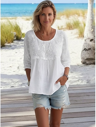 Damen Hemd Bluse Kunstbaumwollleinen Hemd aus Leinenimitat Spitze Patchwork Einfarbig Basic Lässig Dreiviertelarm V Ausschnitt Normale Oberteile Täglich Weiß Sommer Frühling
