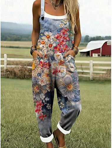  Damen Overall Aktiv Blumen Ärmellos Ärmellos Gerade Quadrathals Tasche Druck Täglich Urlaub Normale Passform Blau Sommer