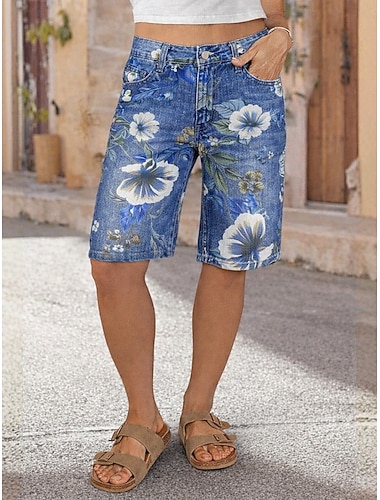  Dámské Bermudské kraťasy Džíny Kraťasy Letní šortky prázdniny Módní Šik ven Délka kolen Vysoký pas Květinový Kapsy Pohodlné Prodyšnost Neelastické Denní Dovolená ulice Vodní modrá Léto Jaro Běžný