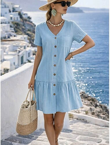  Mulheres Minivestido Linho de algodão sintético Vestido A Line Vestido de verão Casual Diário Normal Tecido Manga Curta Decote V Azul Preto Branco Amarelo Verão Primavera