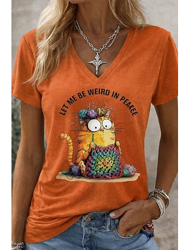  Dames T-shirt met grappige citaten, grafische print, stijlvol, klassiek, casual, korte mouwen, V-hals, lange tops, geschikt voor dagelijks gebruik, uitgaan, weekend, wit, paars, oranje, zomer, lente,