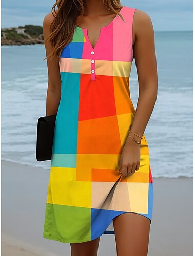  Dames Mini-jurk Hemdjurk Zonnejurk Vakantie Casual Boho Dagelijks Feestdagen Uitgaan Normale pasvorm Grafisch Geometrisch Mouwloos Gekerfde nek blauw Paars Oranje Groen Zomer Lente