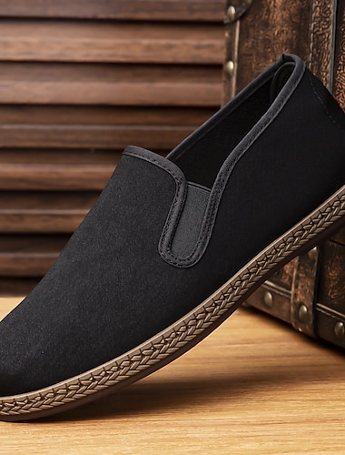  Herre svarte slip-on lerretsloafers med lette, komfortable tursko for hverdagsbruk, reiser, kjøring, kontor, helgeantrekk, friluftsliv og avslappet smart casual-stil