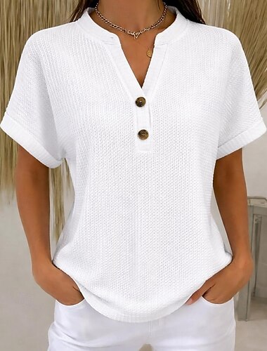  Dames Wafel T-shirt T-shirt Knoop voorzijde Opgerolde manchet Stijlvol Casual Korte mouw V-hals Normale tops Dagelijks Uitgaan Vakantiekleding Wit Khaki Zomer Lente