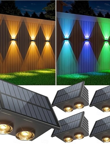  4 stk. utendørs solcelledrevne vegglamper, IP65 vanntett, opptil &nedadgående dobbelstråle, 8 moduser, trefarget rgb, LED-lamper for gjerde, trapp, trinn, hage, gårdsplass, veranda, veggbelysning med