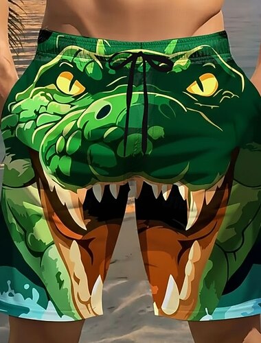 Herren Cartoon Krokodil Hai Badehosen Badeshorts Boardshorts Mittlere Taille Lustig Strandurlaub Seitentaschen Netzfutter Elastischer Kordelzug in der Taille Designer Bekleidung