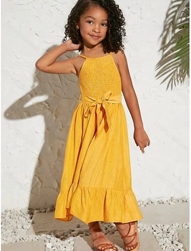  Lapset Tyttöjen Mekko Yhtenäinen väri Hihaton Kausaliteetti ulko- Juhla Tilkkutäkki Ihana Vapaa-aika Asu Polyesteri Maxi Spagettiolkainmekko Kesä Kevät 4 vuotta + Keltainen