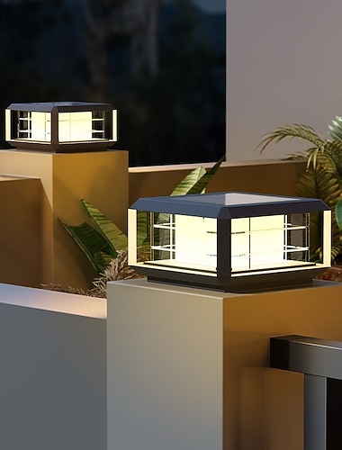  Solarbetriebene Außenleuchte, IP65 wasserdicht, mit LED-Solarstrom, Säulenkappen aus Aluminium, wasserdichtem Glas, Zaunpfostenkappen, schwarz, quadratisch, für den Außenbereich, Haus, Hof, Rasen