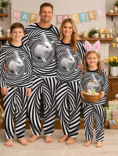  Familie-look Pasen Pyjama  Grafisch konijn Gestreept Casual Afdrukken Zwart-1 Zwart-3 Zwart-4 Lange mouw Vakantie Bijpassende outfits